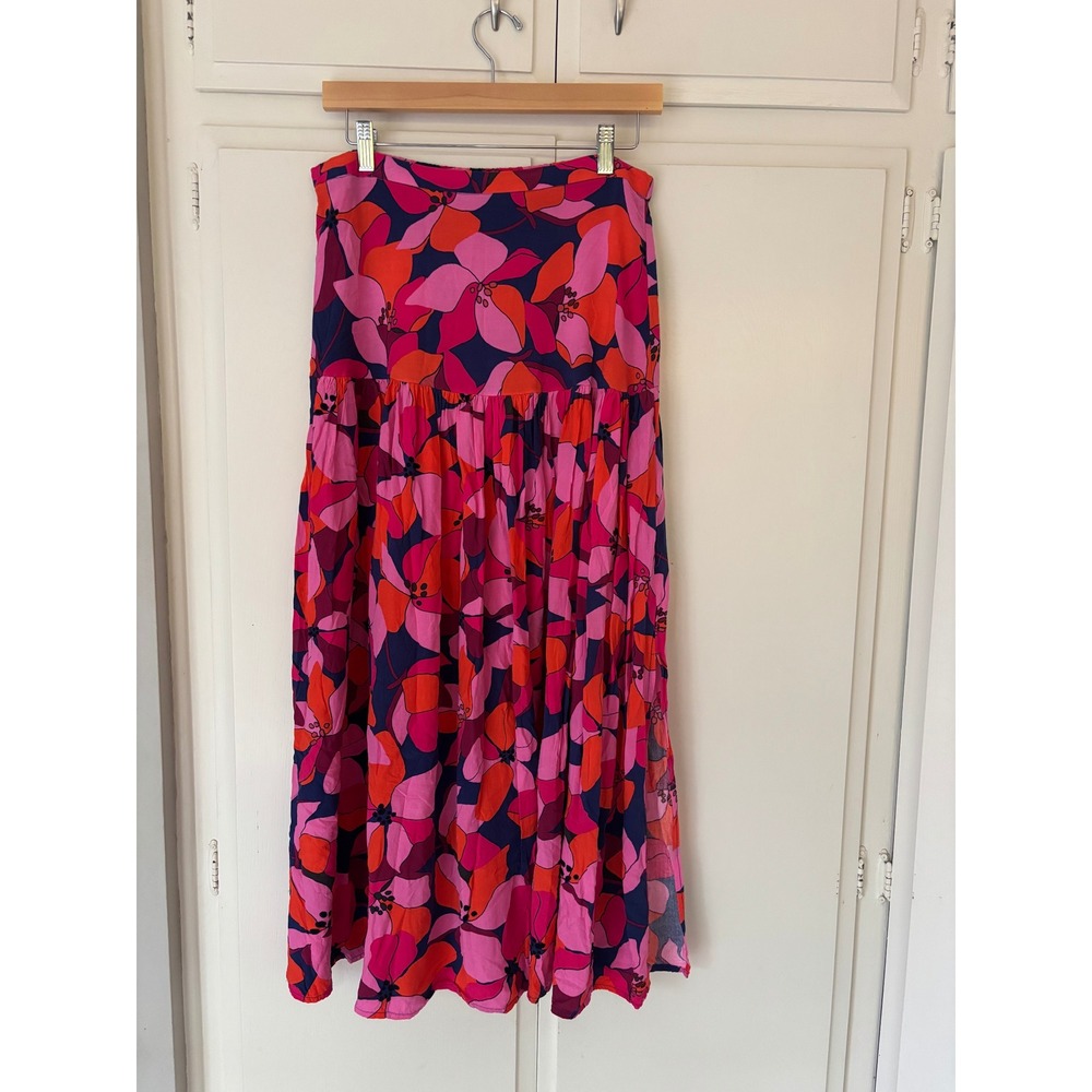 Abel the Label Floral Midi Skirt Pink Orange Navy Blue Tiered Womens Large